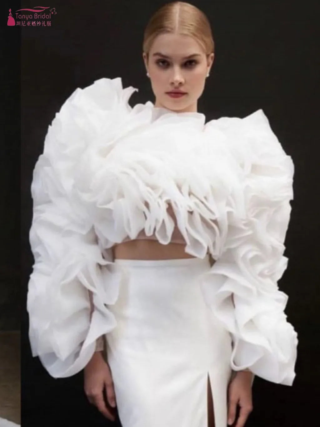 Elegant Organza Full Sleeves Wedding Wrap Arounder Shoulder Jacket Ruffles Tiered Bolero Bride Accessories Shawl