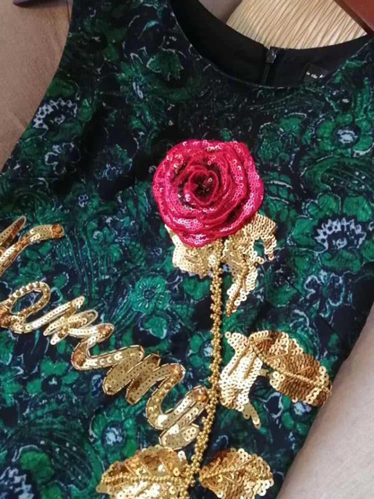 Summer High-end Custom Sequined Embroidery Dress for Women 2023 Runway Designer Vintage O-neck Sleeveless Rose Flower Dress