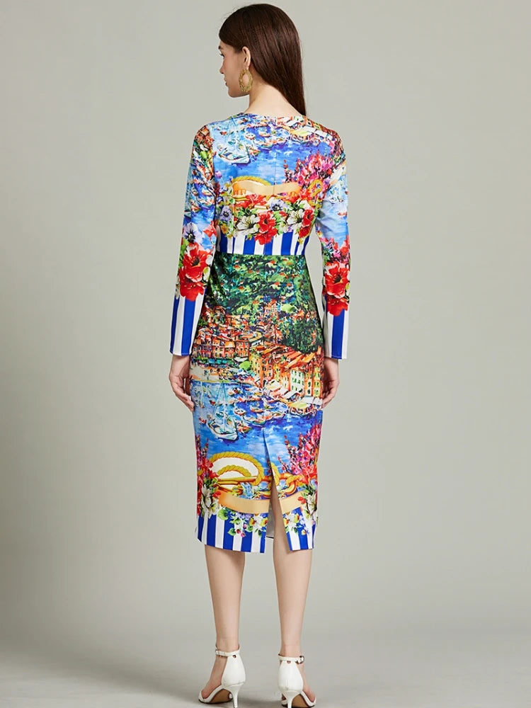 2024 New Fashion Holiday Flower Pencil Dress Women Clothing Long Sleeve O-Neck Striped Floral Print Split Midi Vestidios
