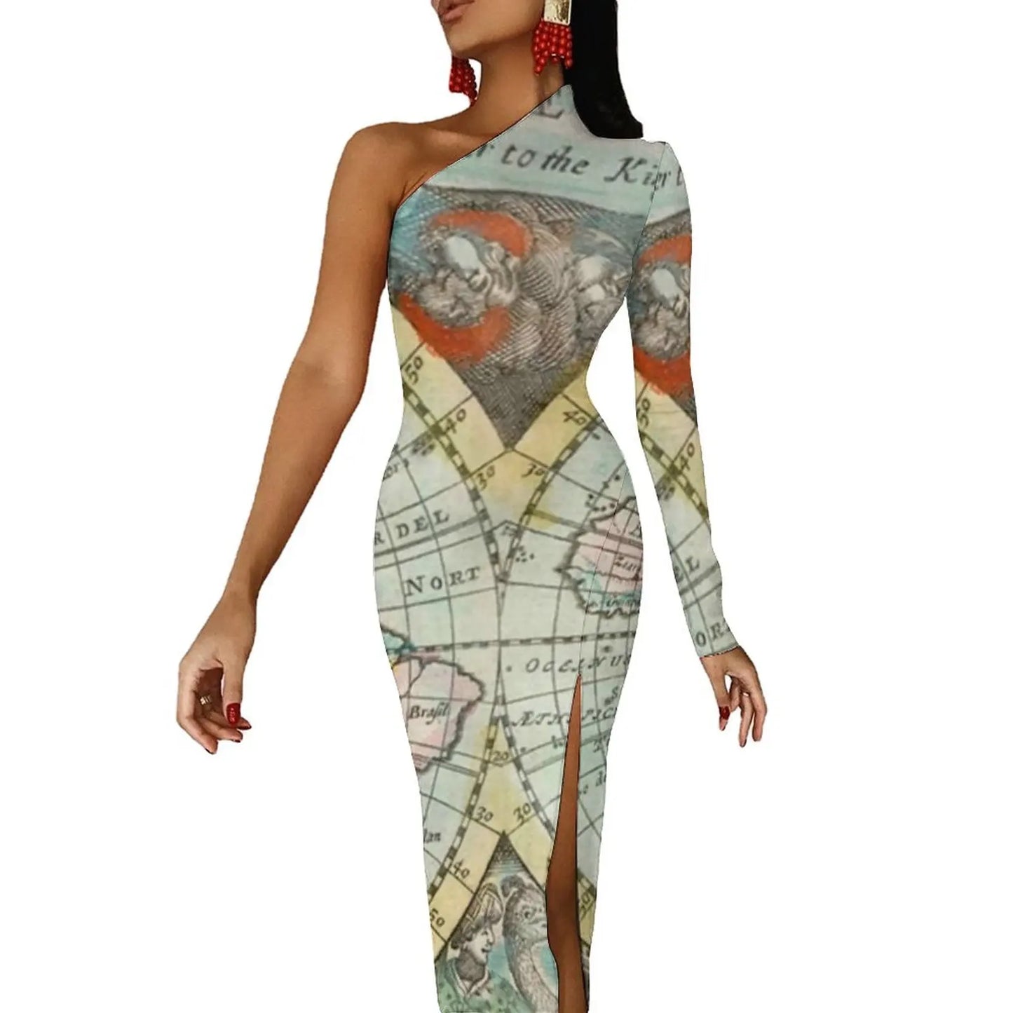 Earth Map Maxi Dress One Shoulder World Maps Print Party Bodycon Dresses Spring Elegant Dress Ladies Graphic Vestido