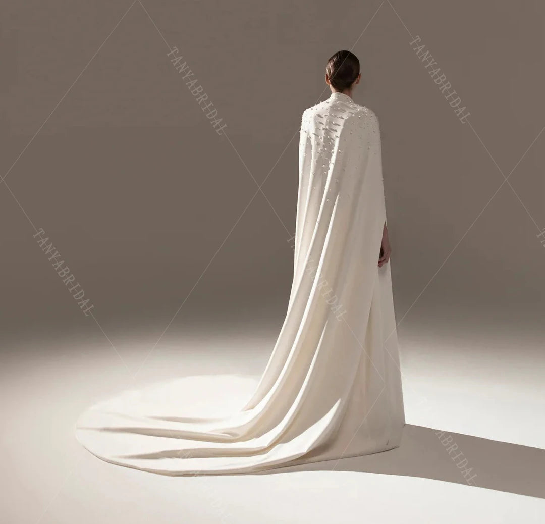 Soft Satin Wedding Cape With Beads And Pearls .Long Cloak ,Bridal Elegant Jacket Chic  ZJ257