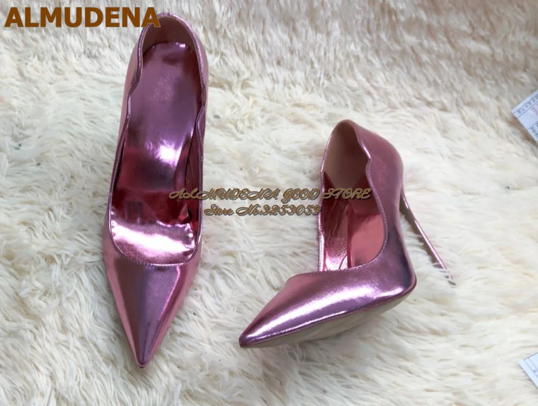 So Katherine Red Hologram Iridescent Patent Leather 12cm Stiletto Heels Women Pointed Toe Slip-on Dress Shoes Size45 Blue Brown