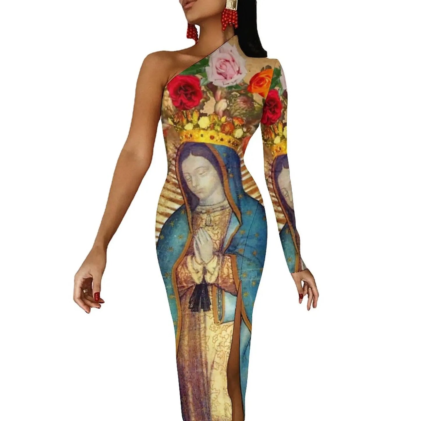 Virgin Mary Mexico Side Split Bodycon Dress Lady Catholic Saint Kawaii Maxi Dress Autumn One Shoulder Street Style Print Dresses