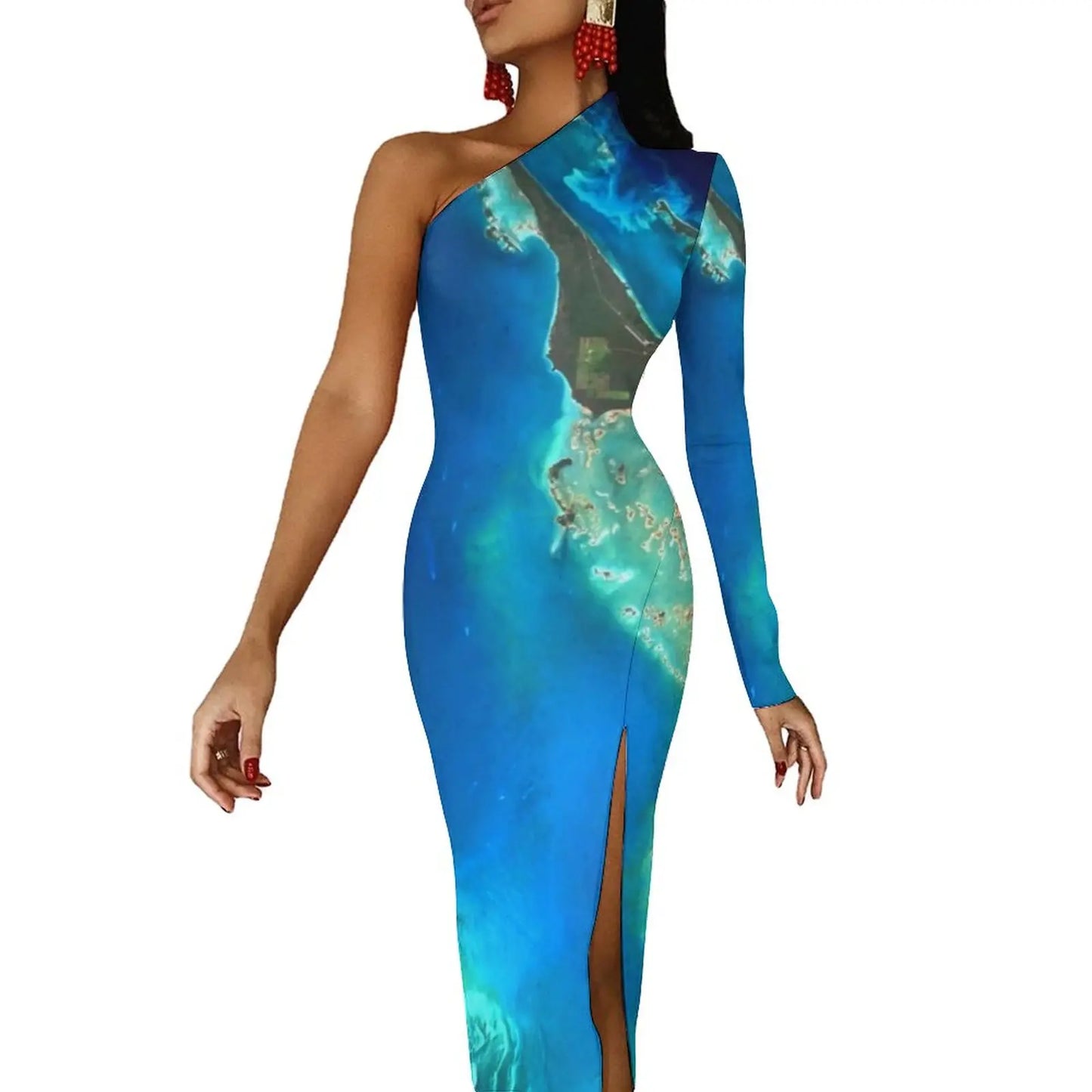 Earth Map Maxi Dress One Shoulder World Maps Print Party Bodycon Dresses Spring Elegant Dress Ladies Graphic Vestido