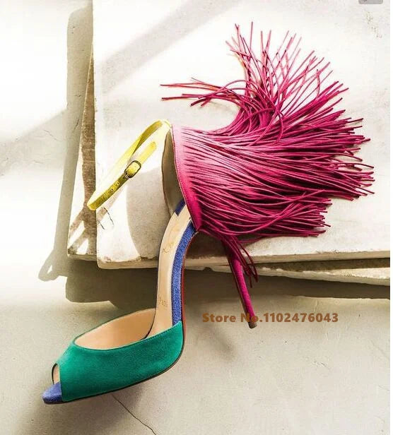 Suede Tassels High Stiletto Heels Sandals Women Patchwork Peep Toe Ankle Strap Thin Heel Shoes Sexy Women's Summer Sandals