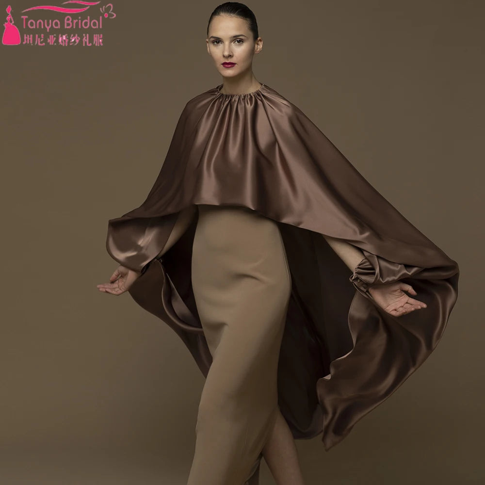 Brown Silk Satin High-Low Wedding Cape Elegant Jacket New Fashion Coverd ZJ091