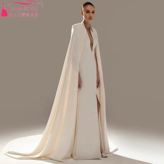 Soft Satin Wedding Cape With Beads And Pearls .Long Cloak ,Bridal Elegant Jacket Chic  ZJ257