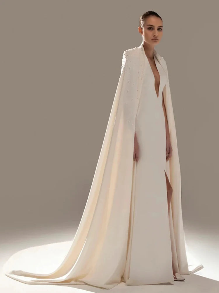 Soft Satin Wedding Cape With Beads And Pearls .Long Cloak ,Bridal Elegant Jacket Chic  ZJ257