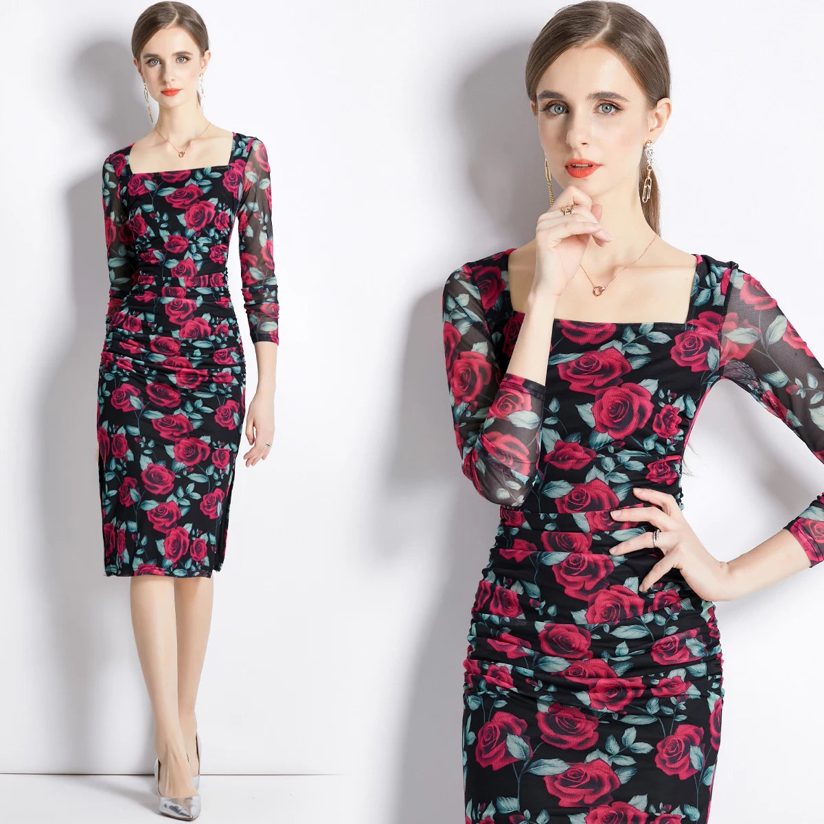 Dropshipping Spring Summer Fall Sexy Vintage Floral Print V Neck Long Sleeve Women Ladies Casual Party Slim Midi Wrap Dress