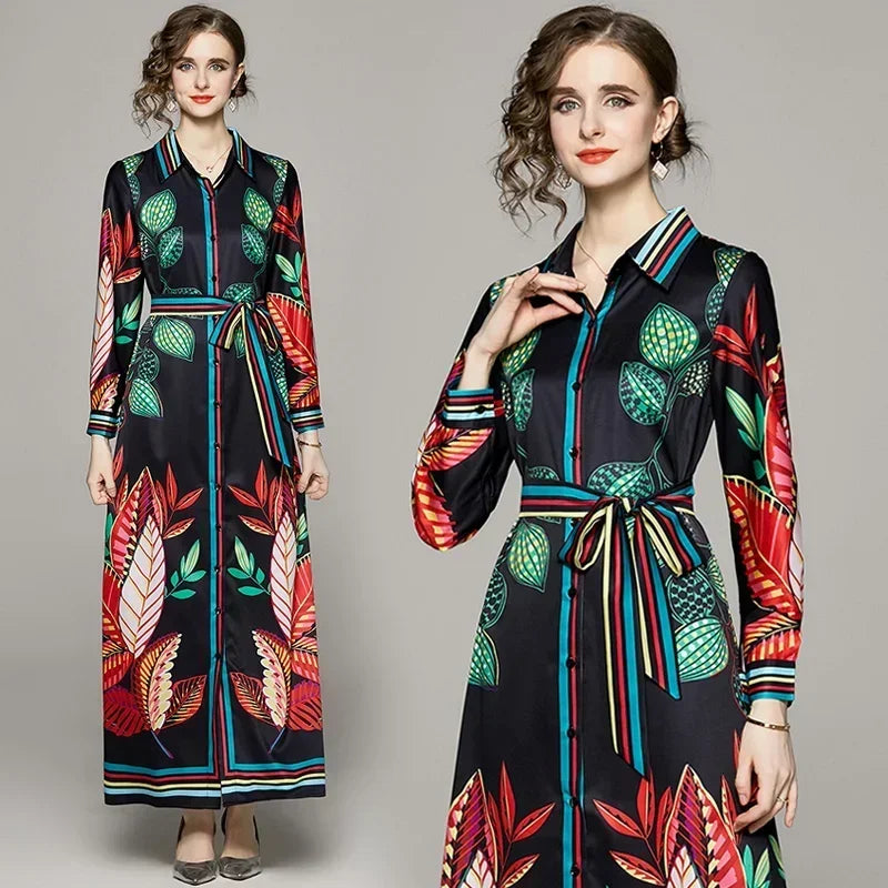 Spring Summer Fall Autumn Runway Vintage Floral Print Collar Long Sleeve Women Ladies Party Casual Vacation A-Line Maxi Dresses