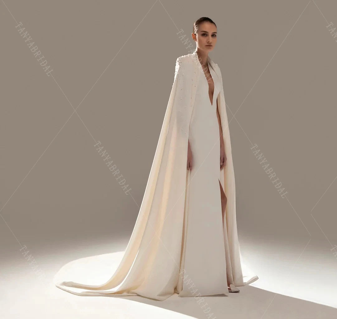 Soft Satin Wedding Cape With Beads And Pearls .Long Cloak ,Bridal Elegant Jacket Chic  ZJ257