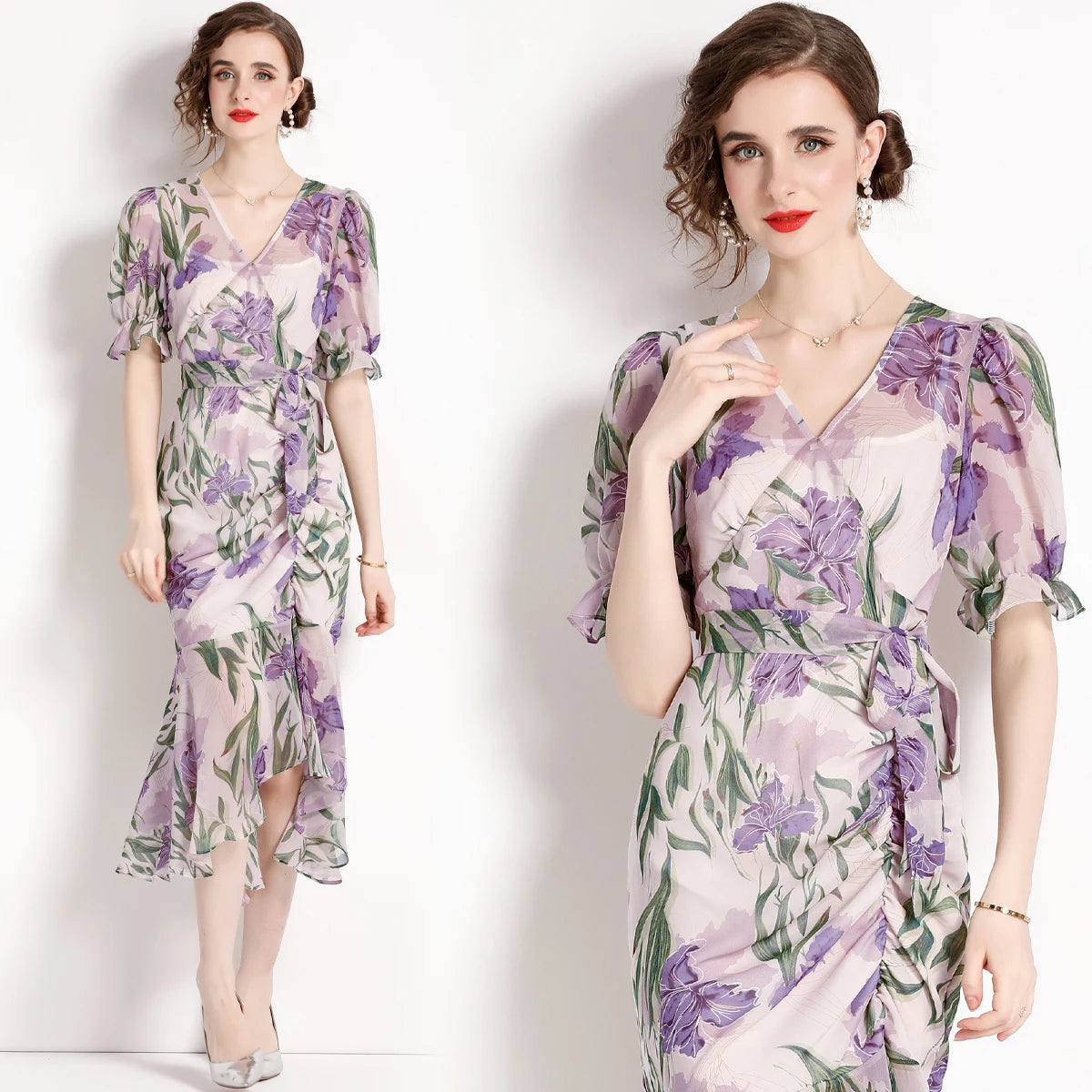 Dropshipping Spring Summer Fall Sexy Vintage Floral Print V Neck Long Sleeve Women Ladies Casual Party Slim Midi Wrap Dress