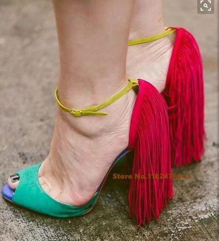 Suede Tassels High Stiletto Heels Sandals Women Patchwork Peep Toe Ankle Strap Thin Heel Shoes Sexy Women's Summer Sandals