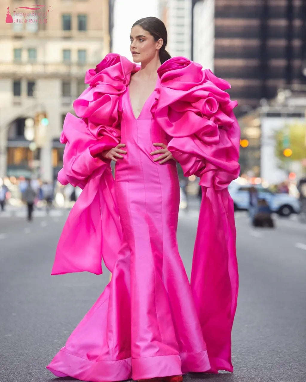 Hot Pink Satin Jacket For Wedding Bridal, Fashionable Women's Outerwear Cape, Bride Rose Puff Sleeved Bolero, Bride Accessories