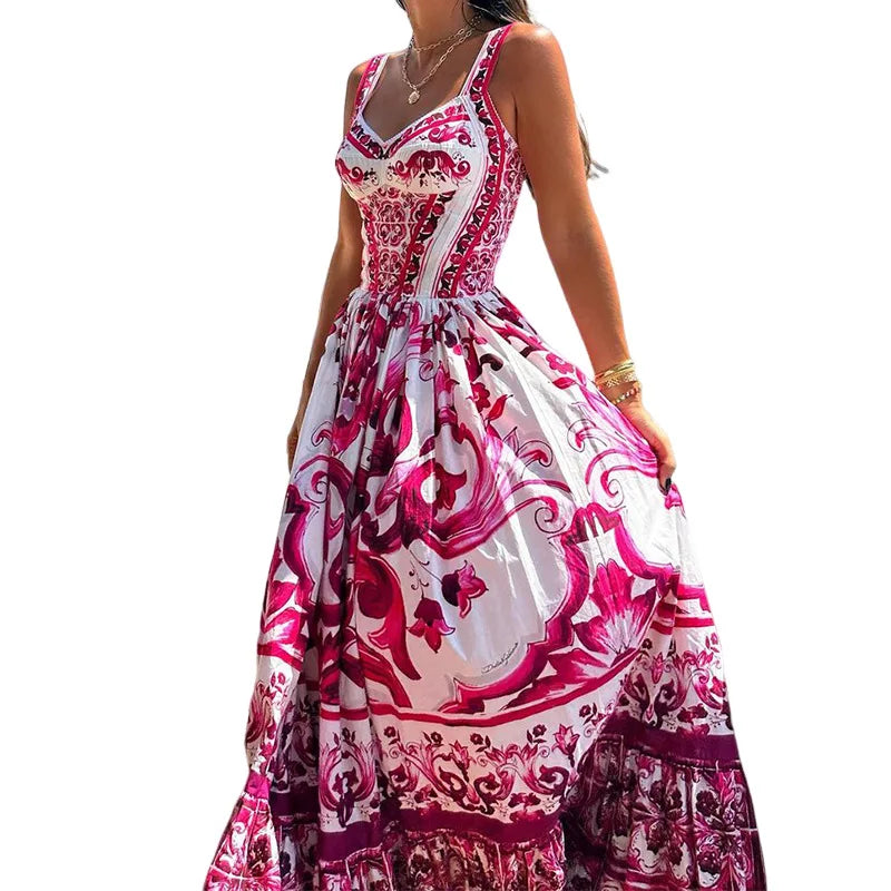 JAMERARY 2024 Summer Runway Red White Porcelain Floral Print Long Maxi Beach Dresses Women Straps Sundress