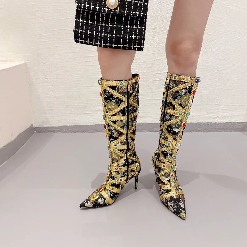 Women's Mid Calf Boots Retro Pointy Shiny Rhinestones Stiletto Pumps Striptease Zipper Canvas New Embroidery Elegant Botas Mujer