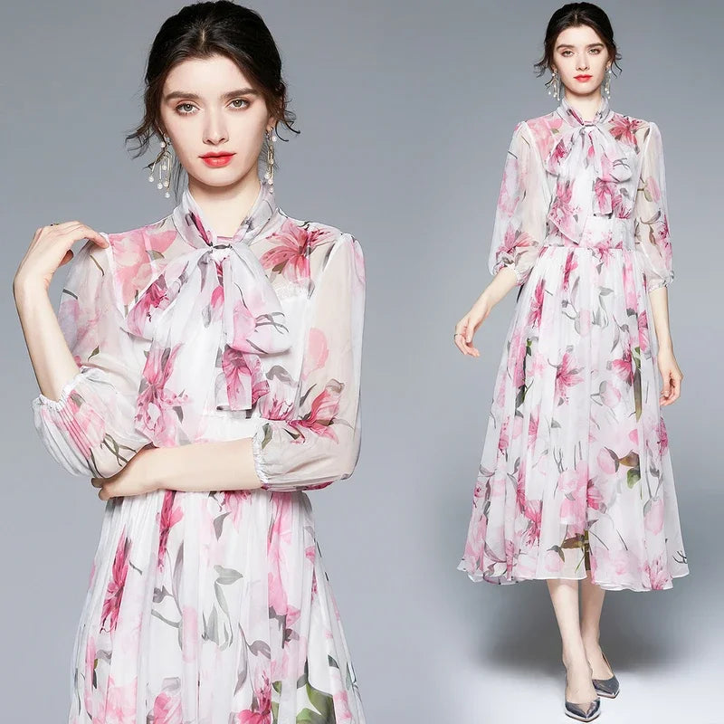 Dropship Spring Summer Fall Floral Print Bow Tie Neck Scarf 3/4 Sleeve Empire Waist Women Ladies Party Casual Beach Midi Dresses