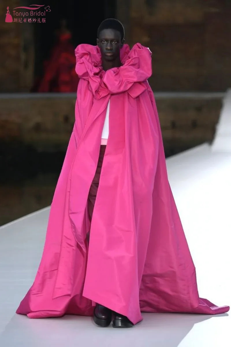 Hot Pink Fuchsia Long Taffeta Wedding Cape Ruffles Neckline Autumn Winter New Fashion Cloak One Size Bolero