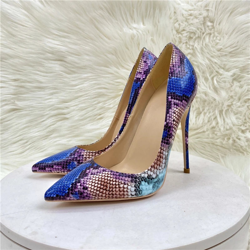 Royal Blue Snakeskin Women Pointy Toe High Heels Sexy Party Shoes Fashion Designer Stiletto Pumps Plus Size 33-45